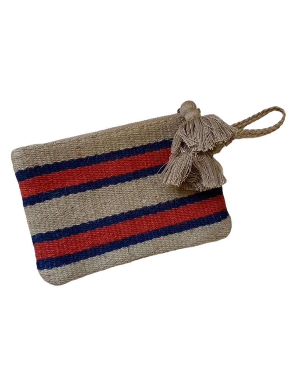 J. Jill Burlap Jute Cosmetic Bag Clutch Wristlet Makeup Toiletry Travel Sz 7X10”
